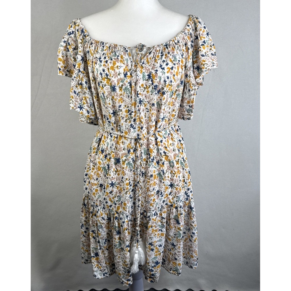 Cynthia Rowley Off Shoulder Floral Dress XS Boho Tassel Tie Belt